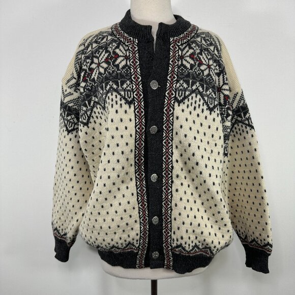 Nordstrikk Norway Ivory Gray Fair Isle Cardigan Sweater Metal Buttons Unisex L - Picture 1 of 15